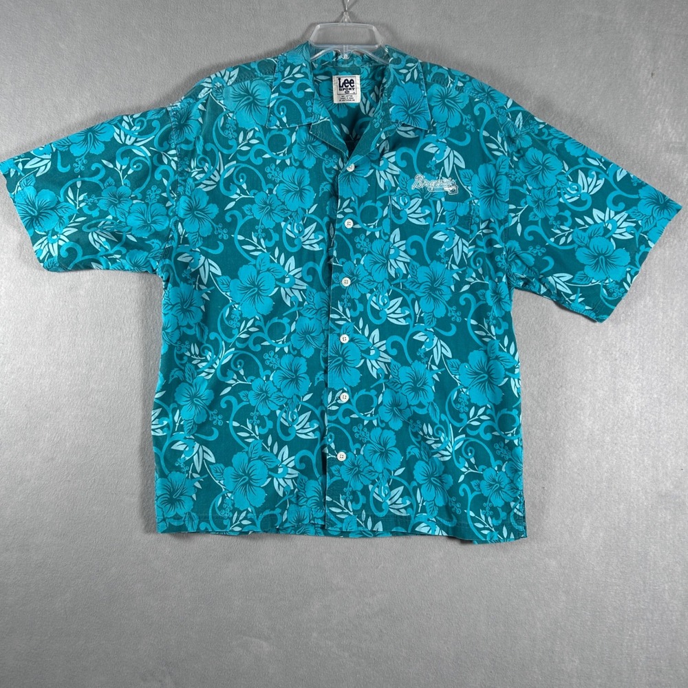 Lee Sport Atlanta Braves Mens XL Hawaiian Shirt Teal Floral Tomahawk Cotton‎ MLB